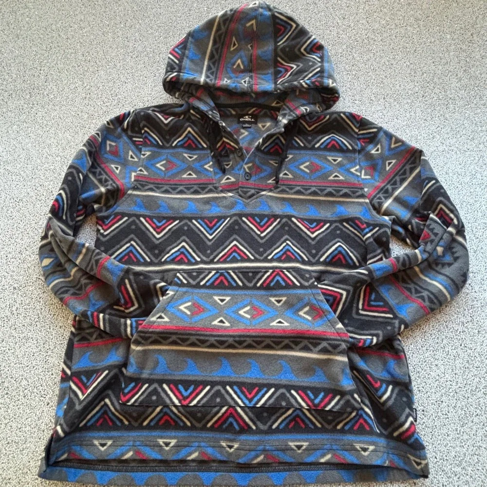 O'Neill Fleece Hoodie Aztec Tribal Men's L Patterned Pullover Pouch 3 Button